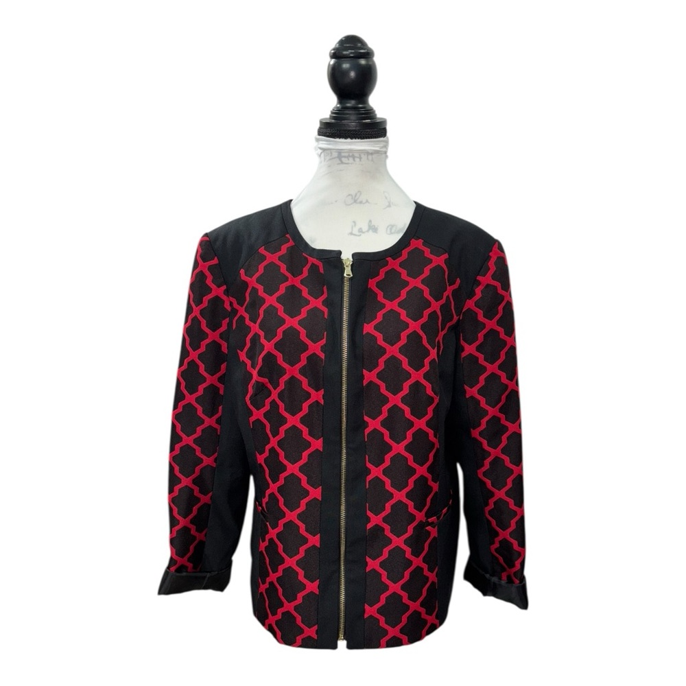 SOLD Womens Sz 16 Black Red Geometric Trellis Full Zip Jacket Career Plus XL